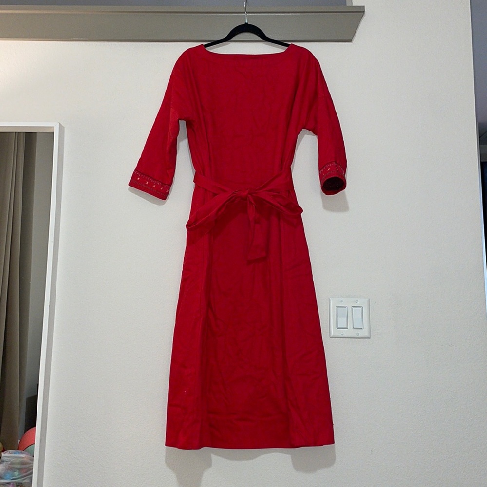 Daphne Wild Red Boatneck 3/4 Sleeve Fleece Lined Housedress SZ 1 (US 4-8) EUC